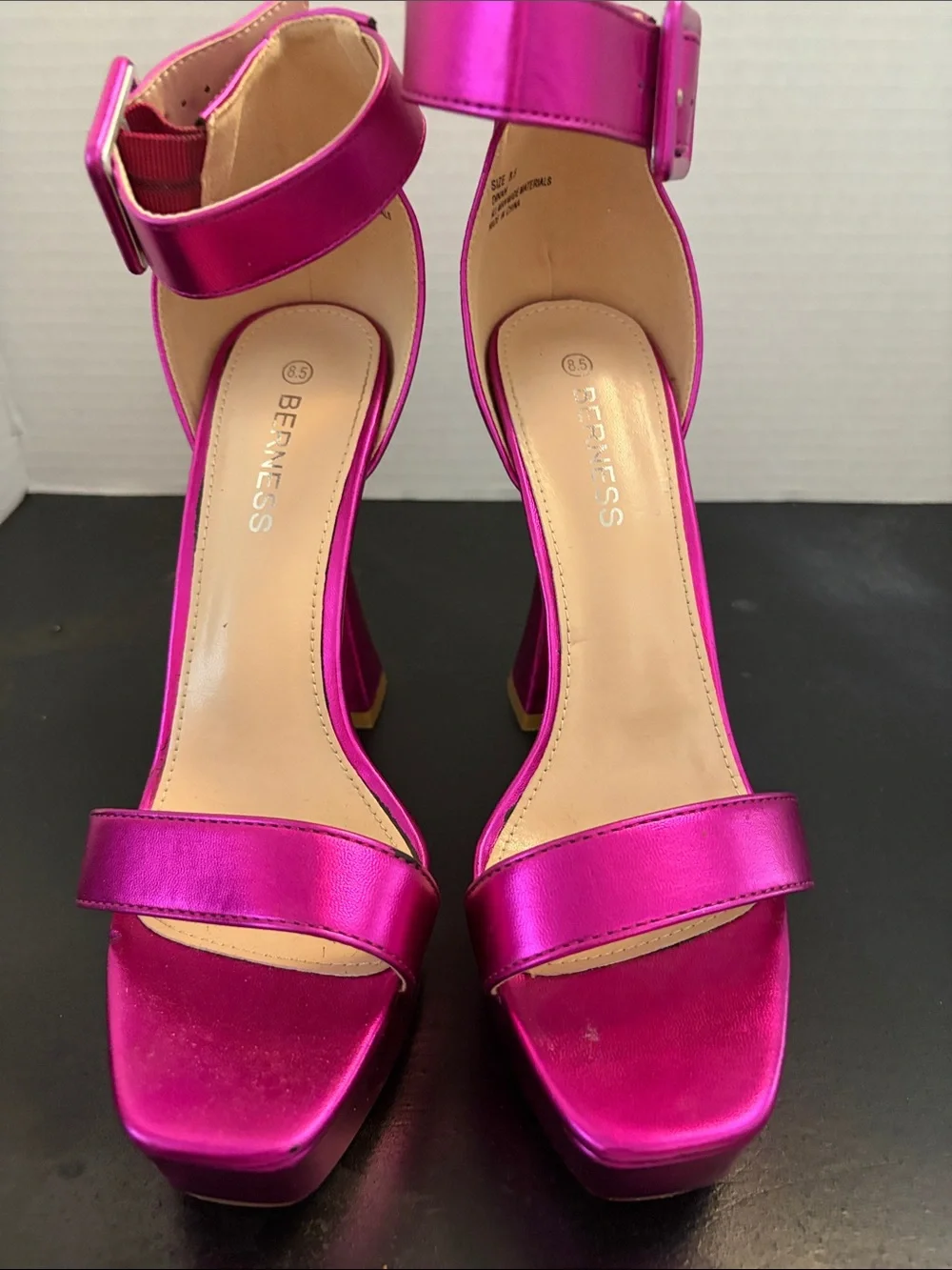 Berness Fuchsia Metallic Platform Ankle-Strap Heels, Size 8.5, 5” heels