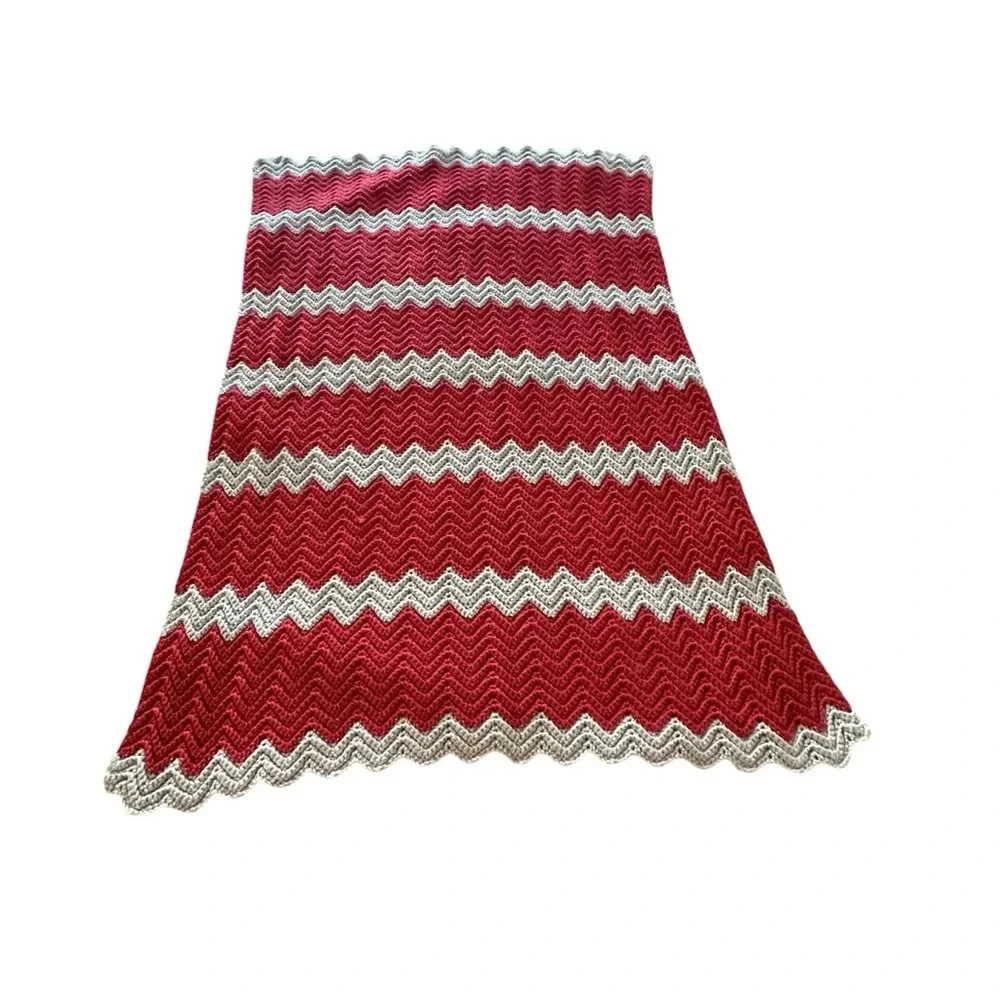 Handmade Chevron crochet blanket Red and Grey 48x34