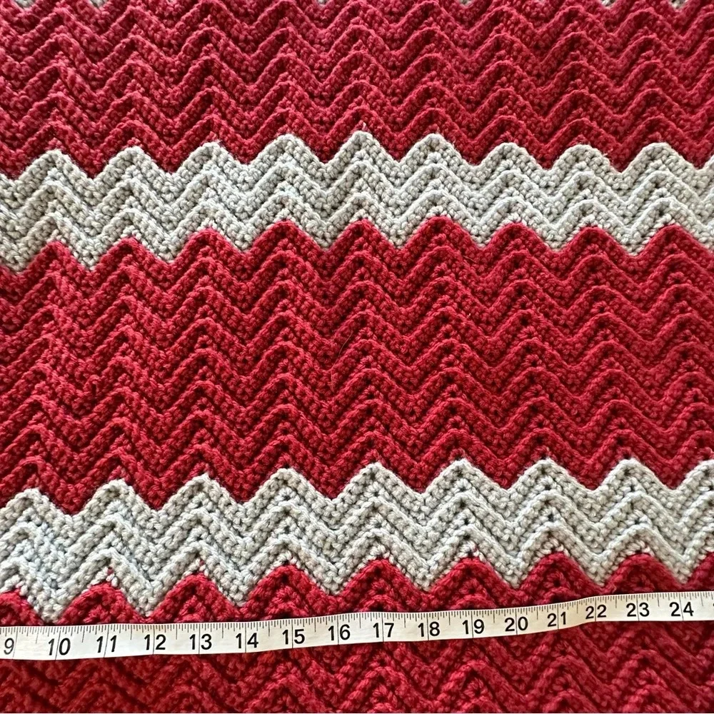 Handmade Chevron crochet blanket Red and Grey 48x34
