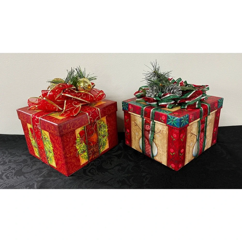 Lindy Bowman Christmas Gift Boxes Set of 2 Snowman Wreath Holiday Decor Storage