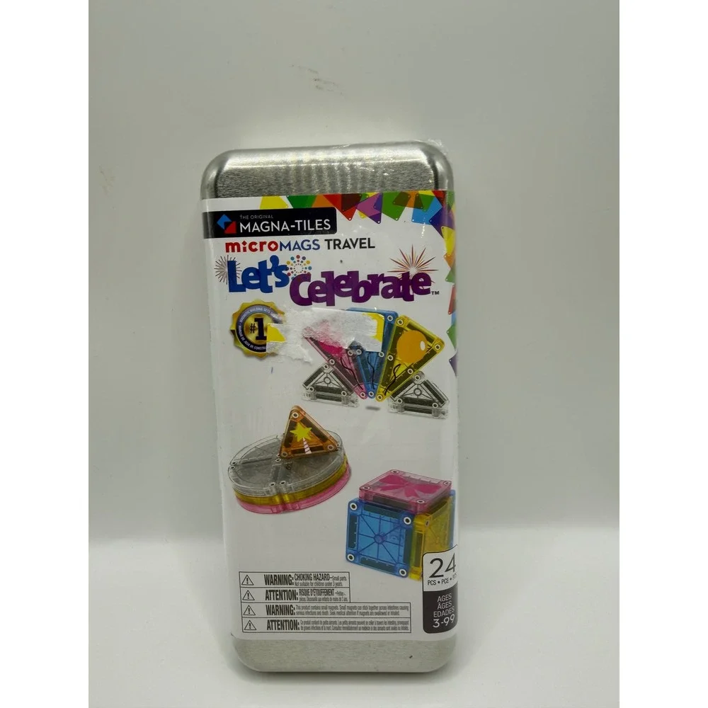 Magna-Tiles MicroMags Travel Let's Celebrate 24 Piece Magnetic Set NWT Tin