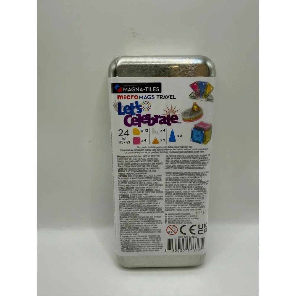 Magna-Tiles MicroMags Travel Let's Celebrate 24 Piece Magnetic Set NWT Tin