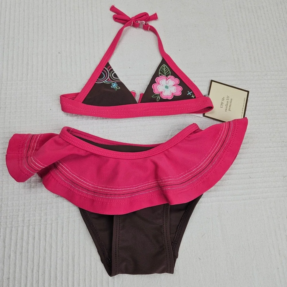 NEW Baby Gap Embroidered Bikini 3-6 mo Pink Brown Applique Floral‎ Swimsuit NWT