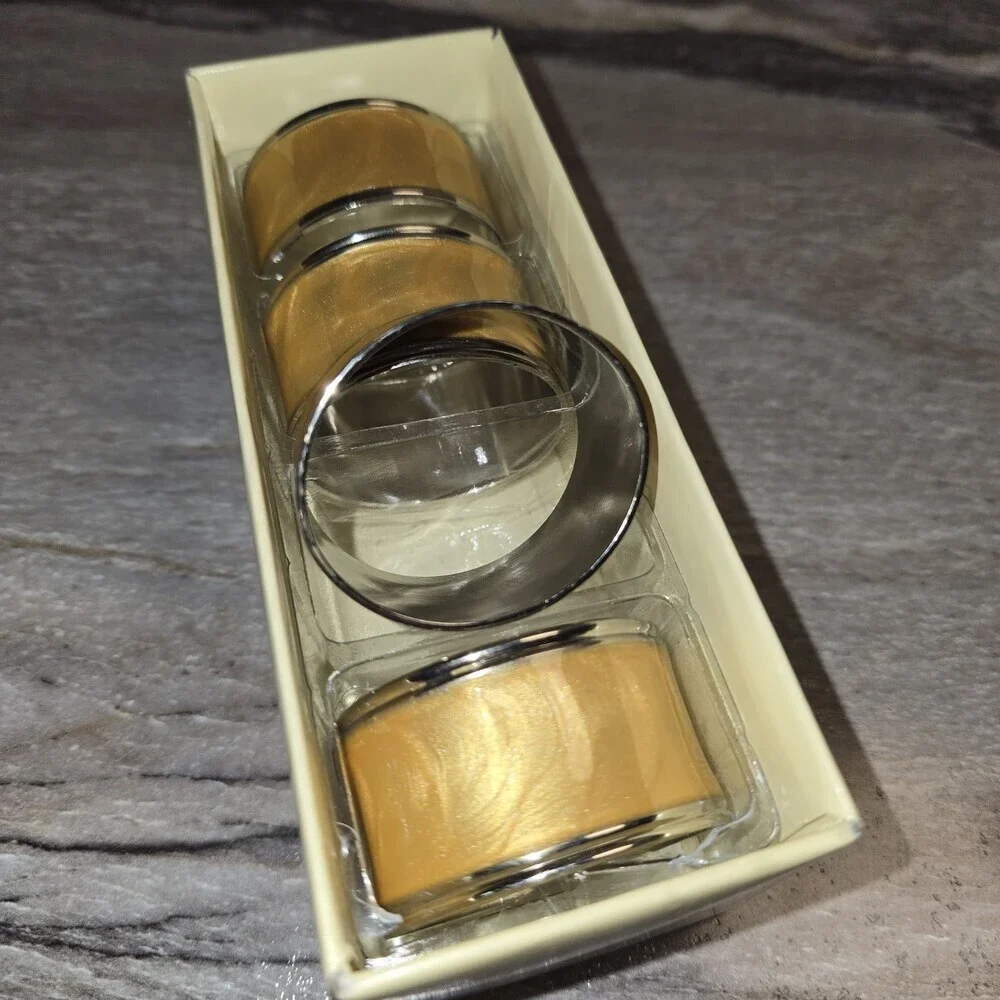 Lenox Gold Enamel Napkin Rings Set of 4 Silver Tone Trim NIB Table Decor