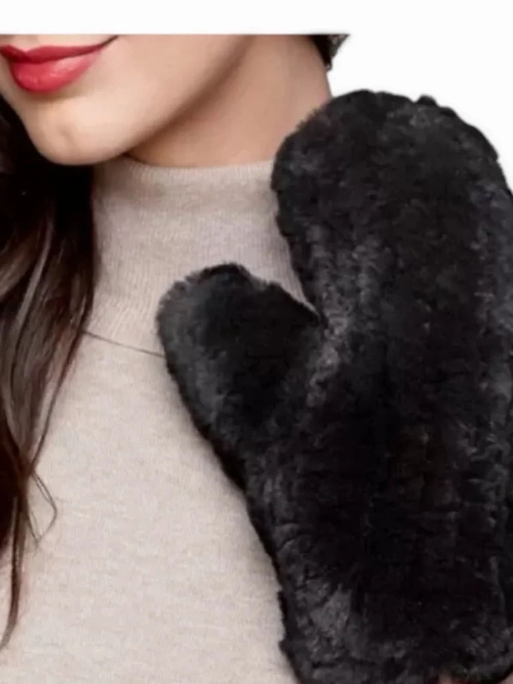 Plush Black Faux Mink Fur Mittens for Women