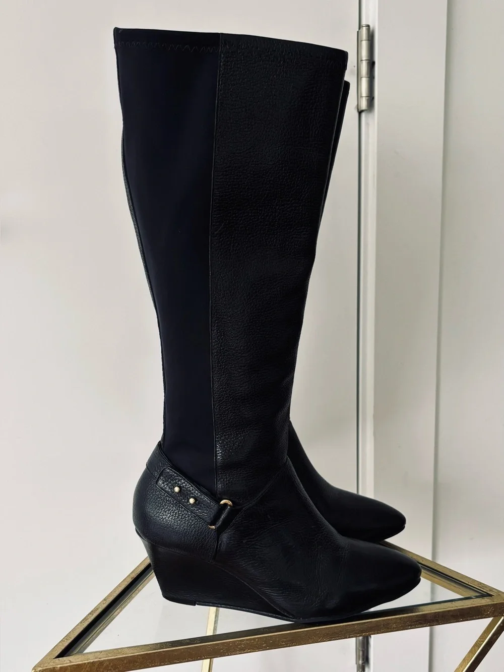 Steve Madden Jaden Black Leather Knee High Boot with wedge size 8 women's