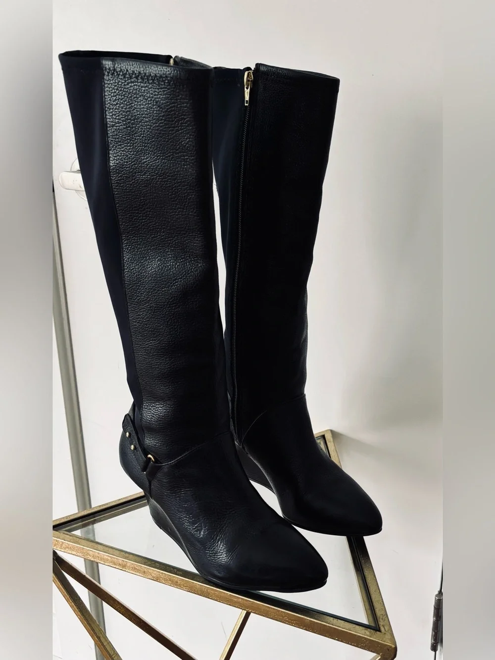 Steve Madden Jaden Black Leather Knee High Boot with wedge size 8 women's