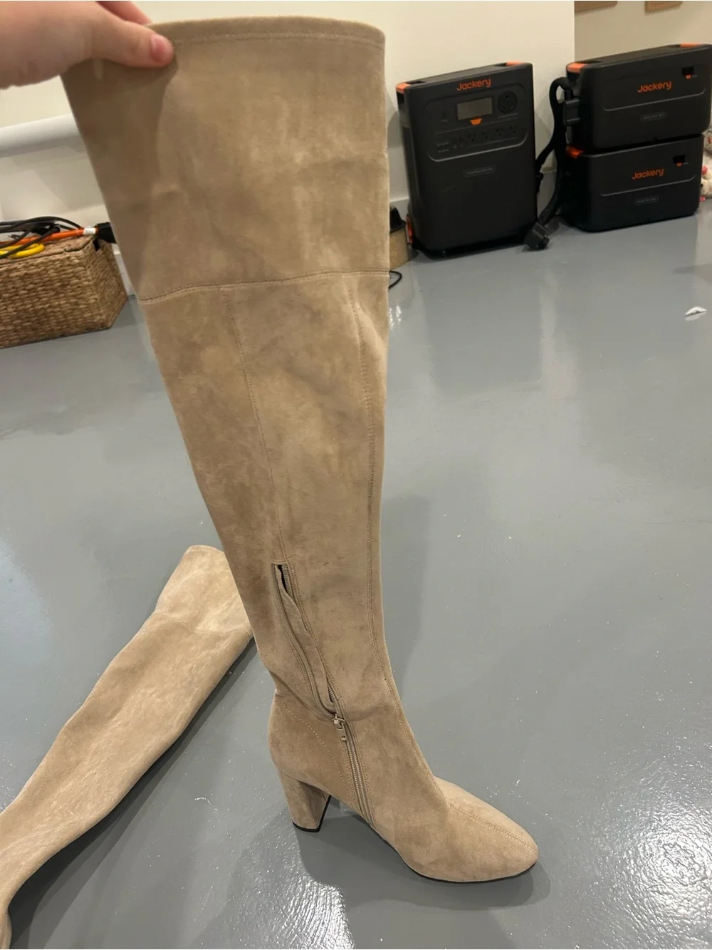 Tall Suede Knee-High Heel Boots in Taupe