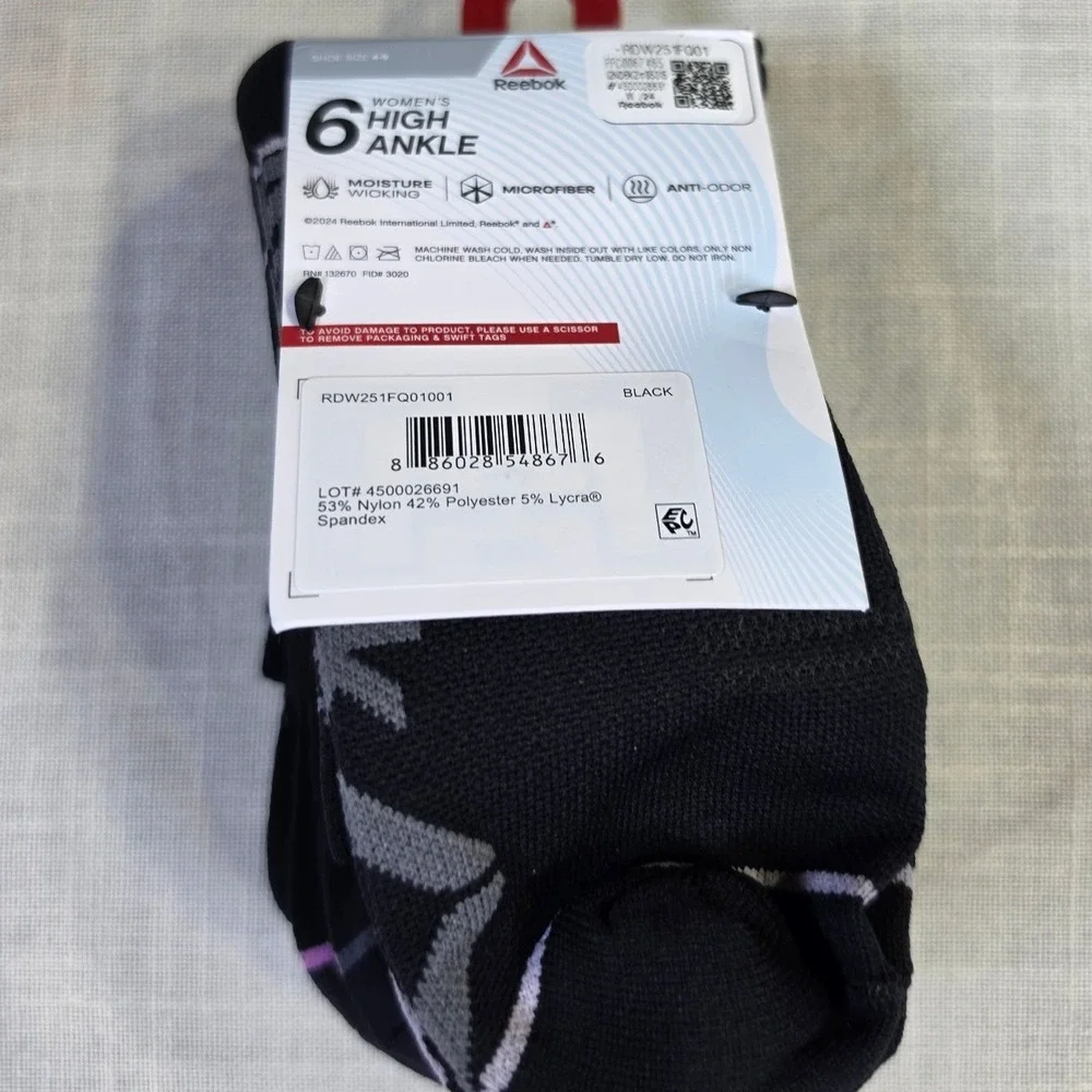 Reebok Womens 6 Pack High Ankle Socks Black Color Morph RDW251FQ01001 Size 4-9