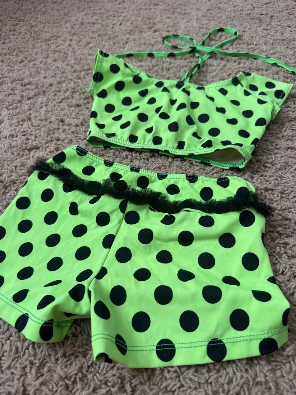 Neon Green Polka Dot Dance Set for Kids - Halter Crop Top & Shorts CM