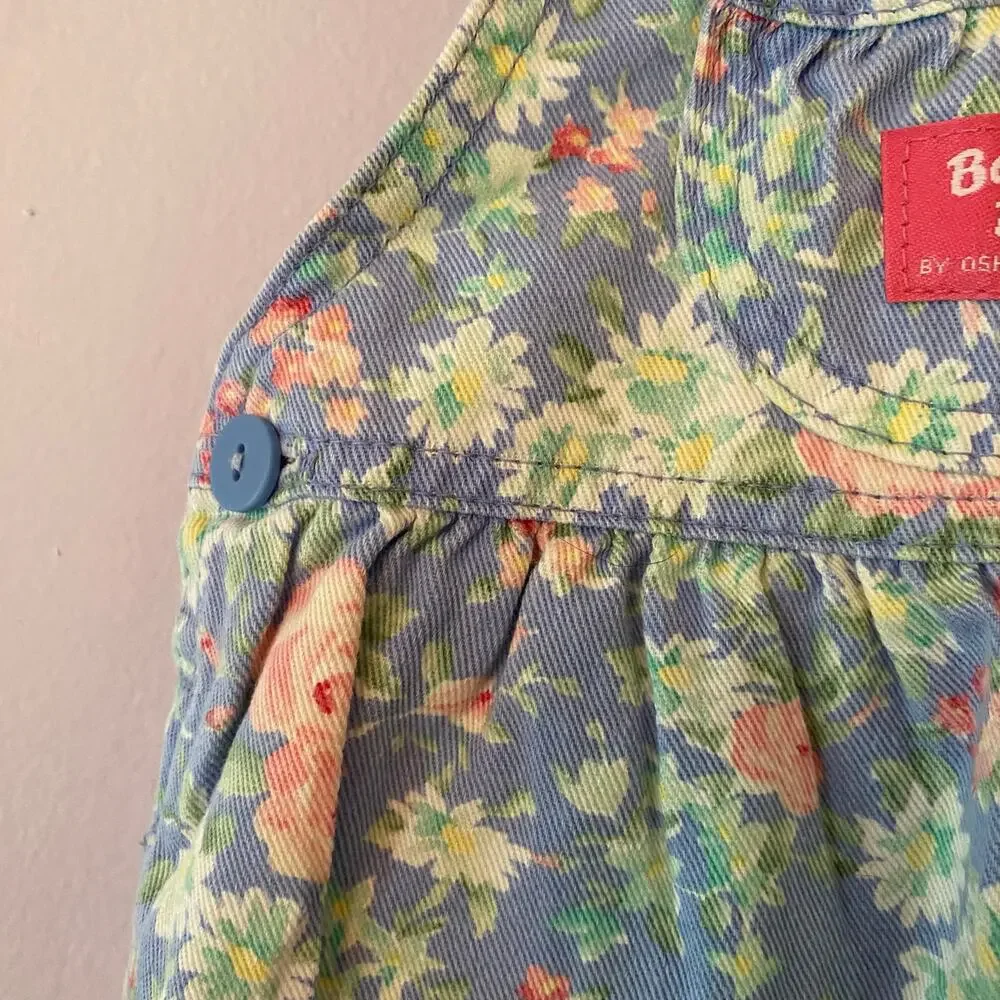 Oshkosh Baby B'gosh Vintage 90s Blue Pink Floral Overall Romper Girls' 3/6 Month