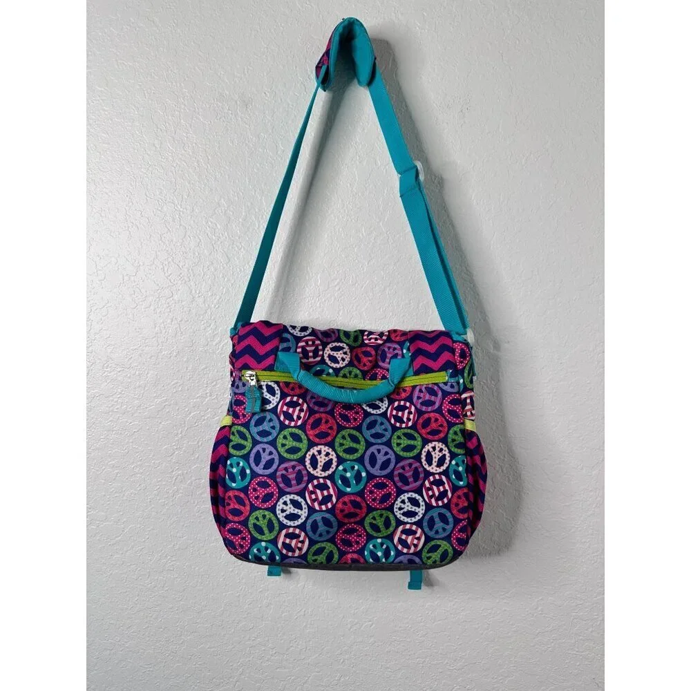 GARNET HILL KIDS Colorful Peace Pattern Messenger School Crossbody Bag Teal Pink
