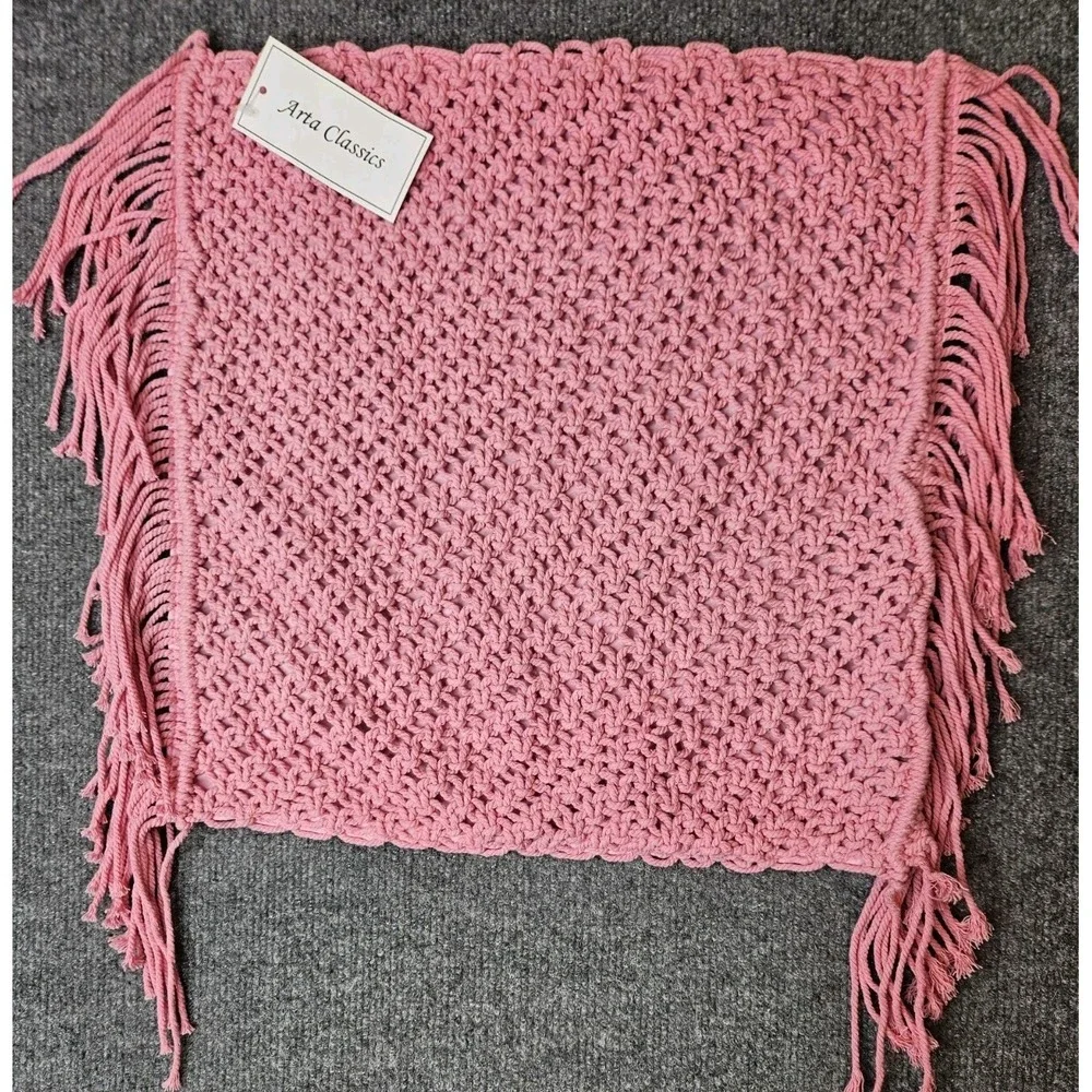 NWT Macrame Decorative Pillow Cover Pink Boho Fringe 15x15 Handmade Earthy India