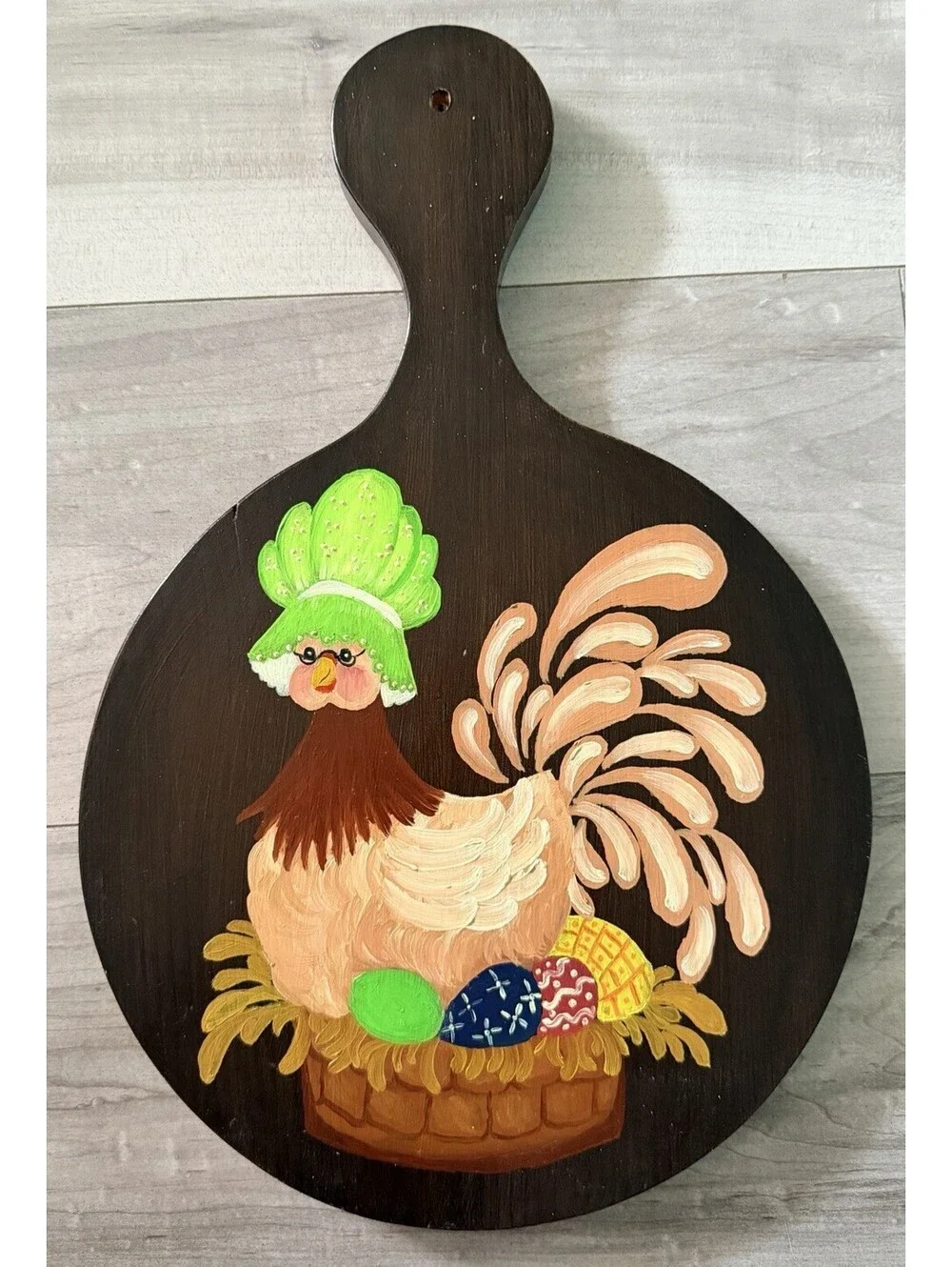Hand Painted Hen Chicken Cutting Board Vintage Wall Mount Wood Paddle Plaque