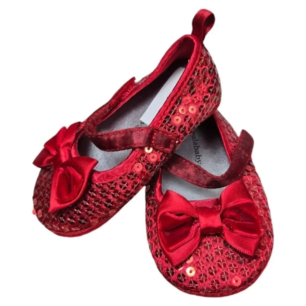 Baby Girl NWT Ruby Slippers Red Sequin Bow Ballet Flats Crib Shoes Wizard of Oz