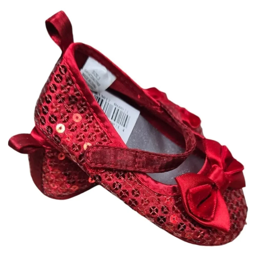 Baby Girl NWT Ruby Slippers Red Sequin Bow Ballet Flats Crib Shoes Wizard of Oz