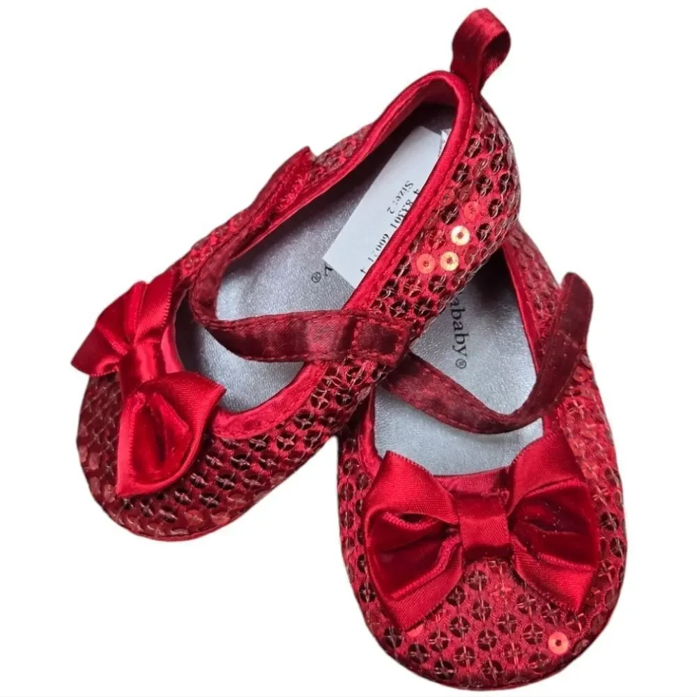 Baby Girl NWT Ruby Slippers Red Sequin Bow Ballet Flats Crib Shoes Wizard of Oz