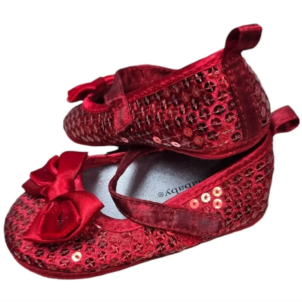 Baby Girl NWT Ruby Slippers Red Sequin Bow Ballet Flats Crib Shoes Wizard of Oz
