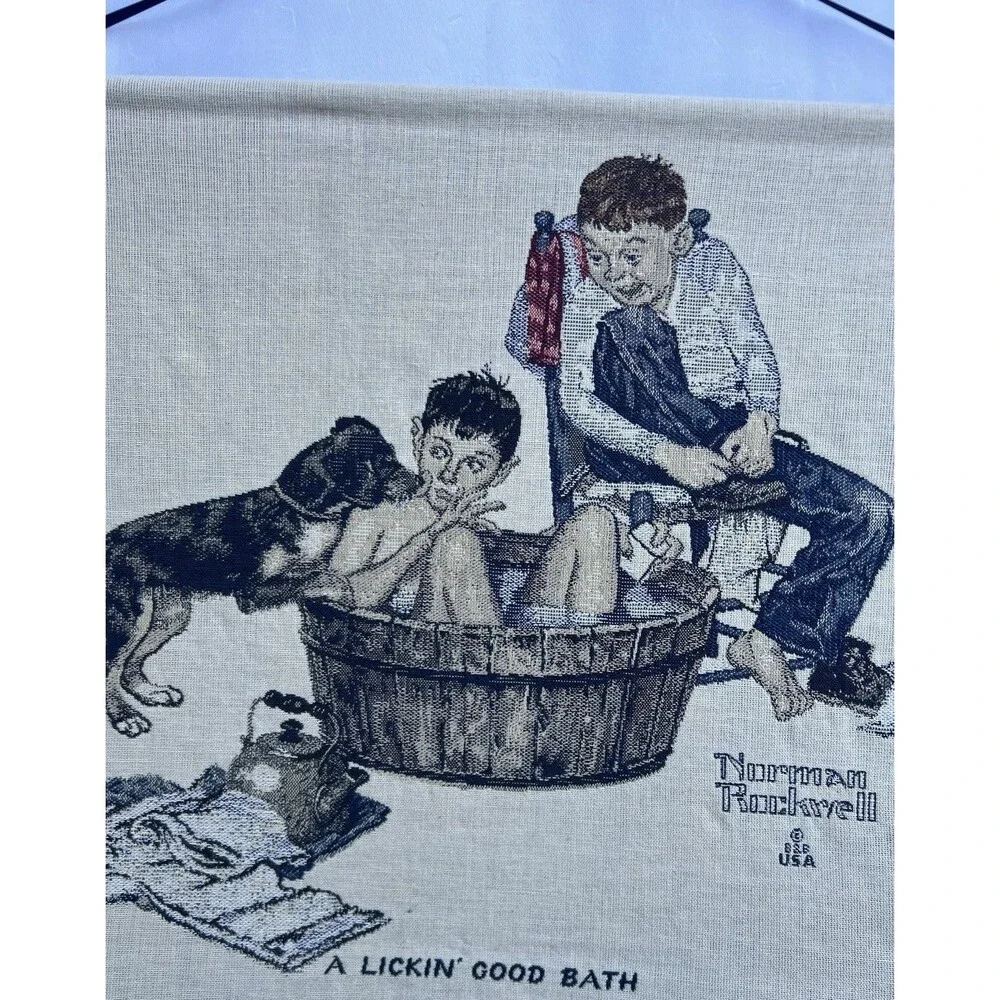 Vintage Norman Rockwell a Lickin’ Good Bath tapestry wall hanging 14x16 B&B USA