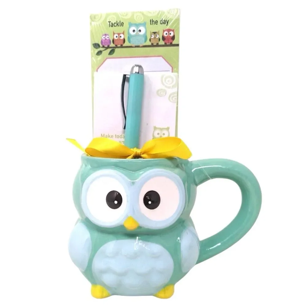 OWL Modern Expressions Green/Blue 3D Mug Cup 16 oz STATIONERY Notes Pen Set NEW