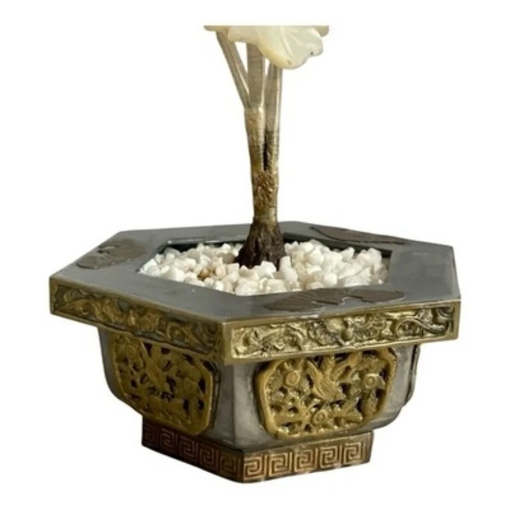 Vintage Mother of Pearl Capiz Shell Flower Bonsai Tree Bronze Planter 12”