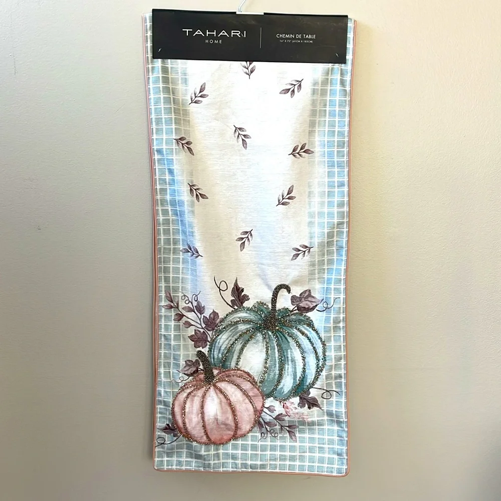 Tahari, Fall Pumpkin with Autumn Leaf Theme Beaded Table Runner 16” x 72”