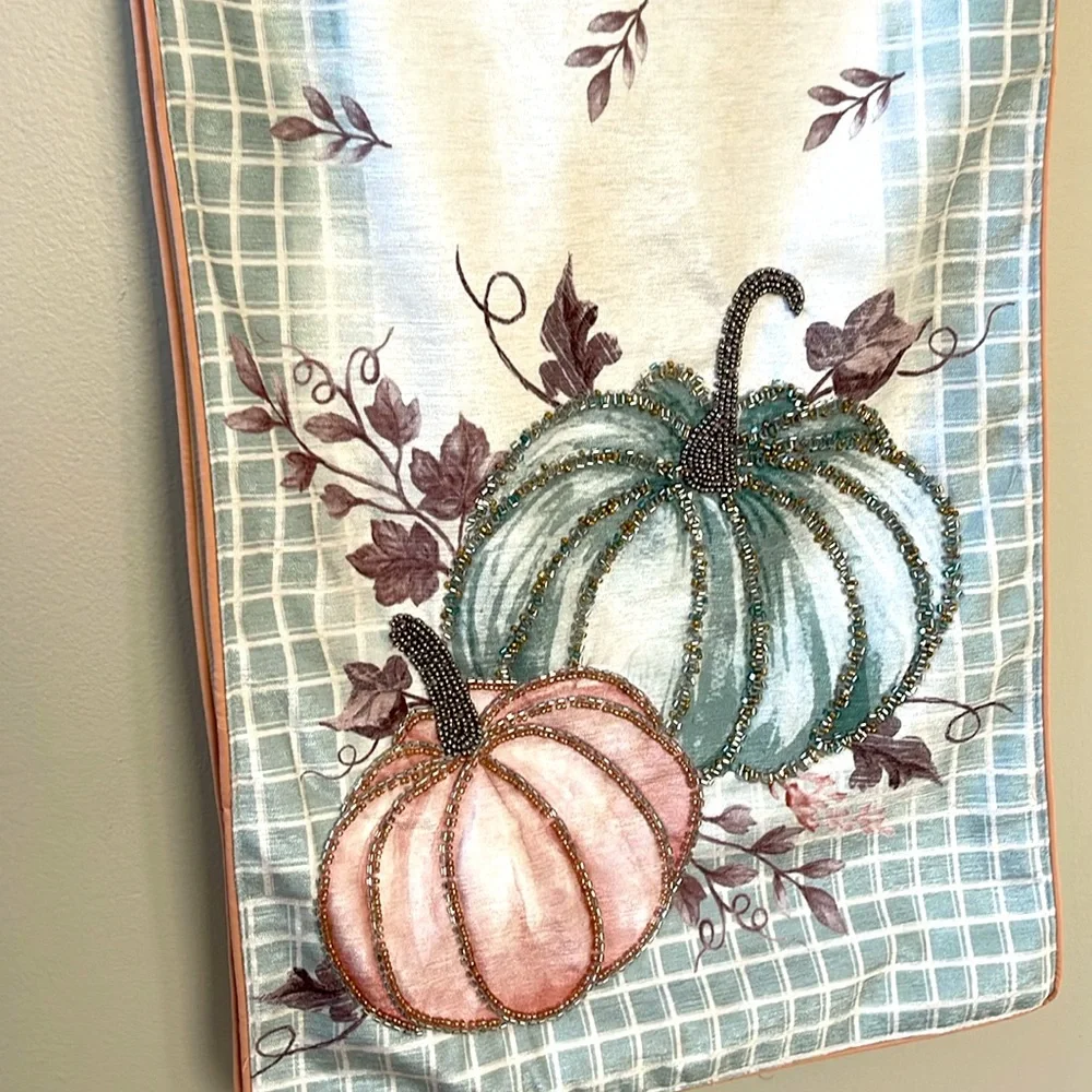 Tahari, Fall Pumpkin with Autumn Leaf Theme Beaded Table Runner 16” x 72”