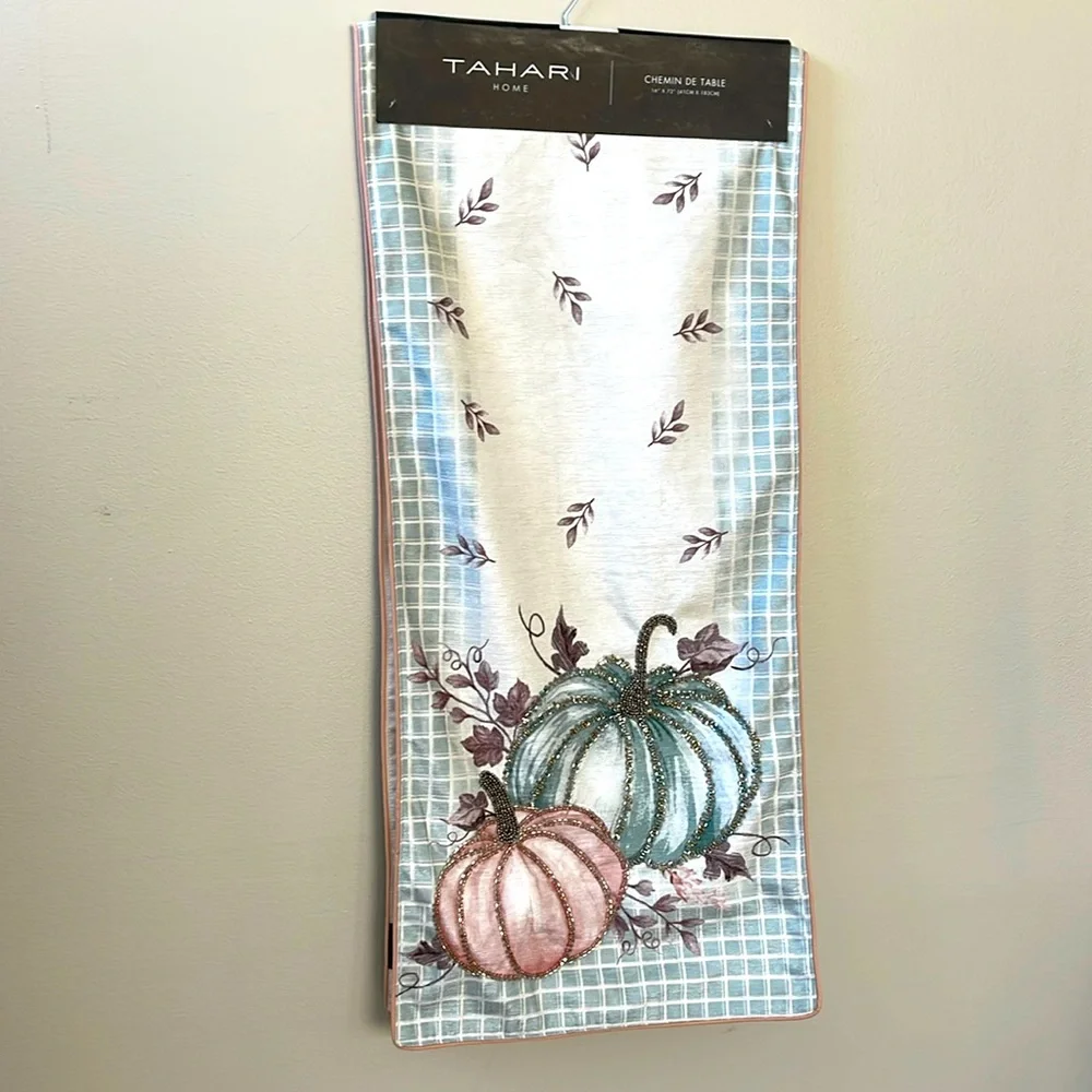 Tahari, Fall Pumpkin with Autumn Leaf Theme Beaded Table Runner 16” x 72”