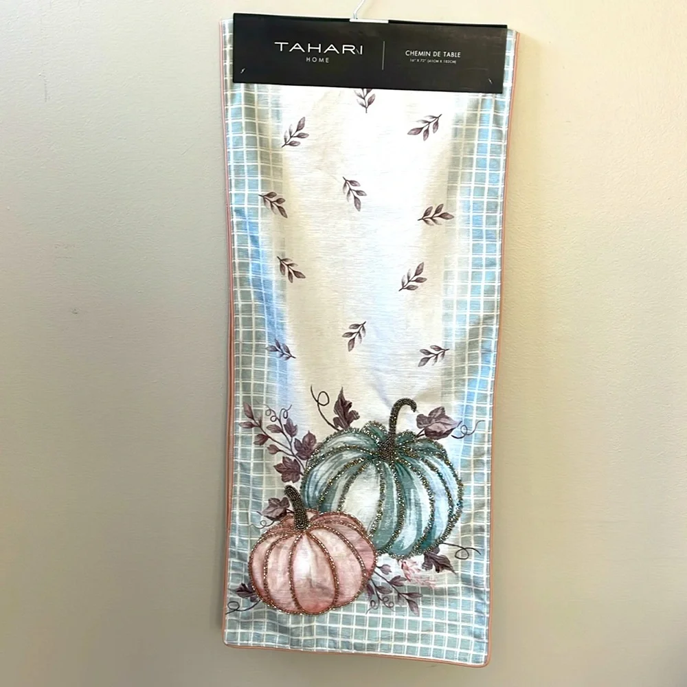 Tahari, Fall Pumpkin with Autumn Leaf Theme Beaded Table Runner 16” x 72”