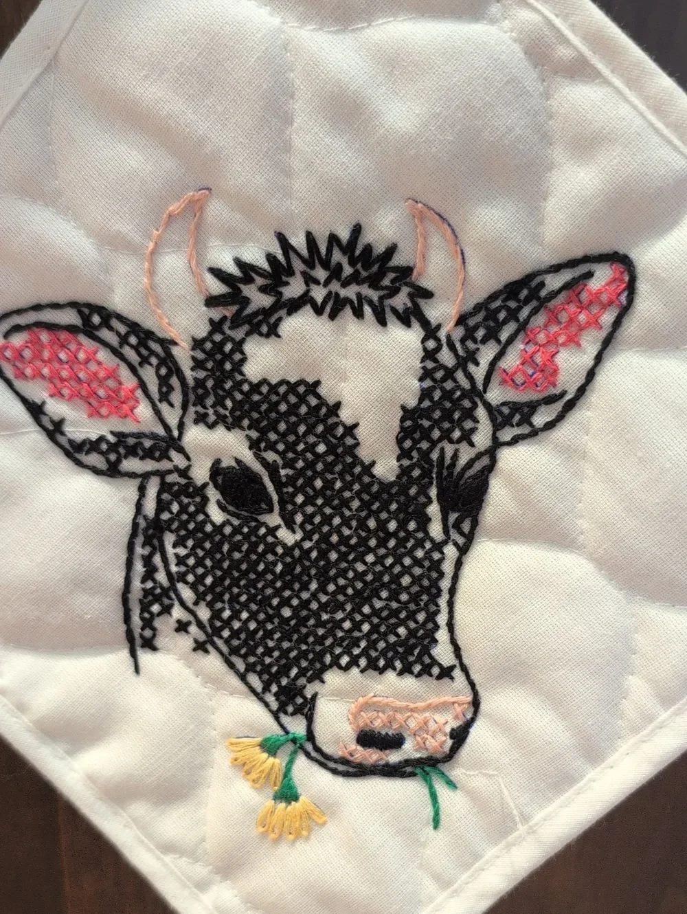 Vintage Handmade Cow Cross-stitch Quilted Square Potholder