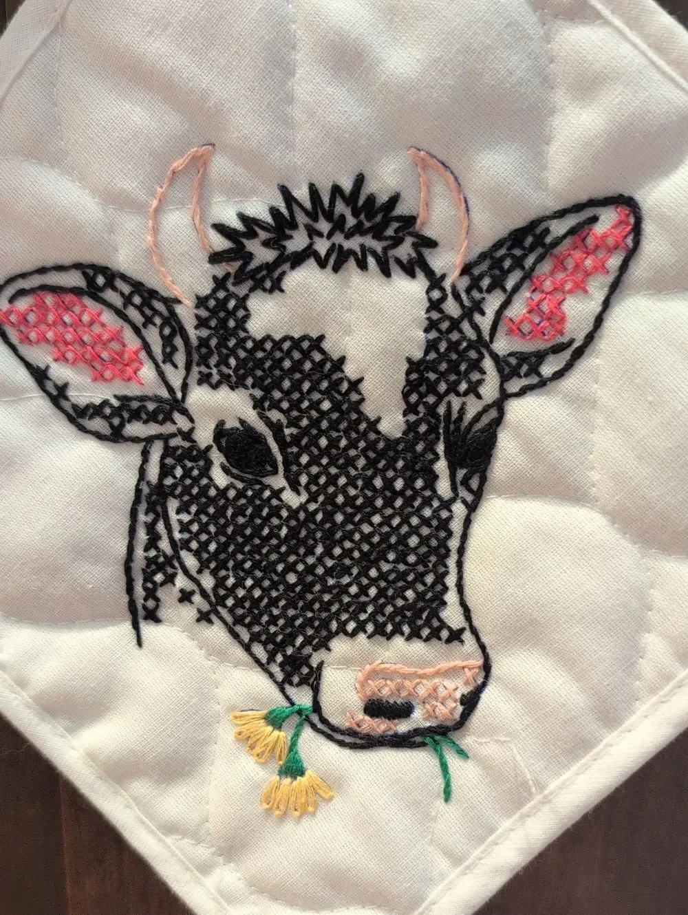 Vintage Handmade Cow Cross-stitch Quilted Square Potholder