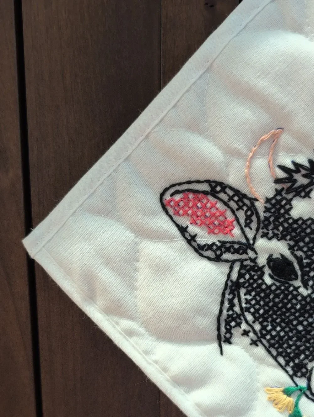 Vintage Handmade Cow Cross-stitch Quilted Square Potholder