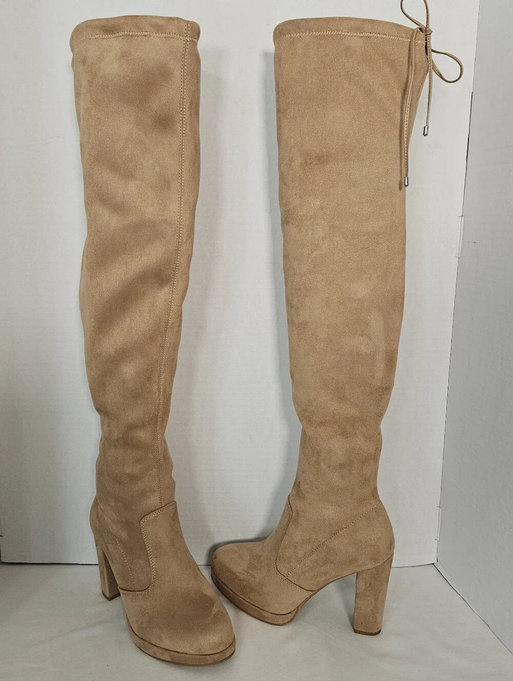 Gianni Bini Tan Stretch Over Knee Platform Block Heel Boots Size 8.5
