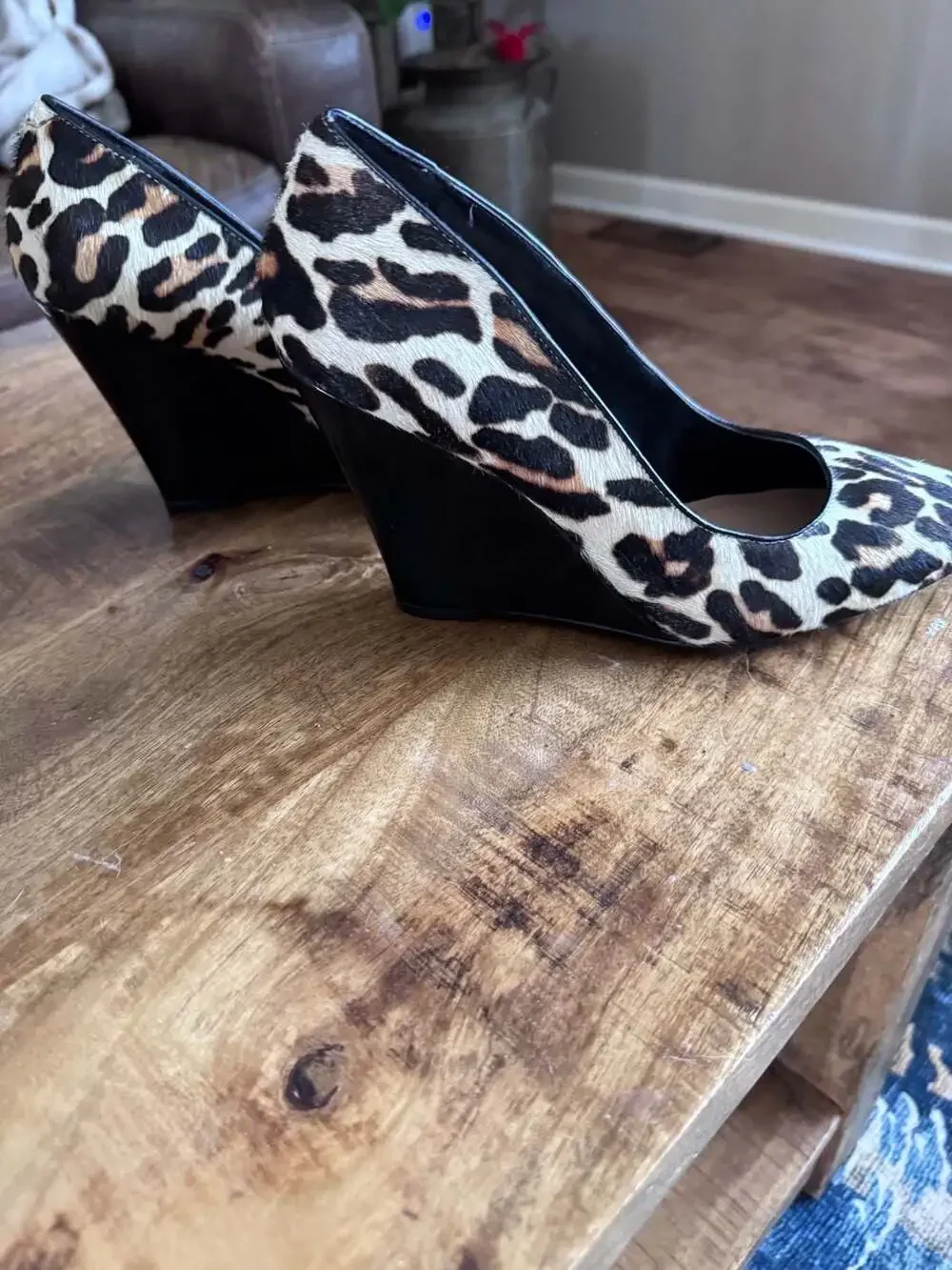 Sole Society Leopard Print Calf Hair Pointed Toe Wedge Pumps