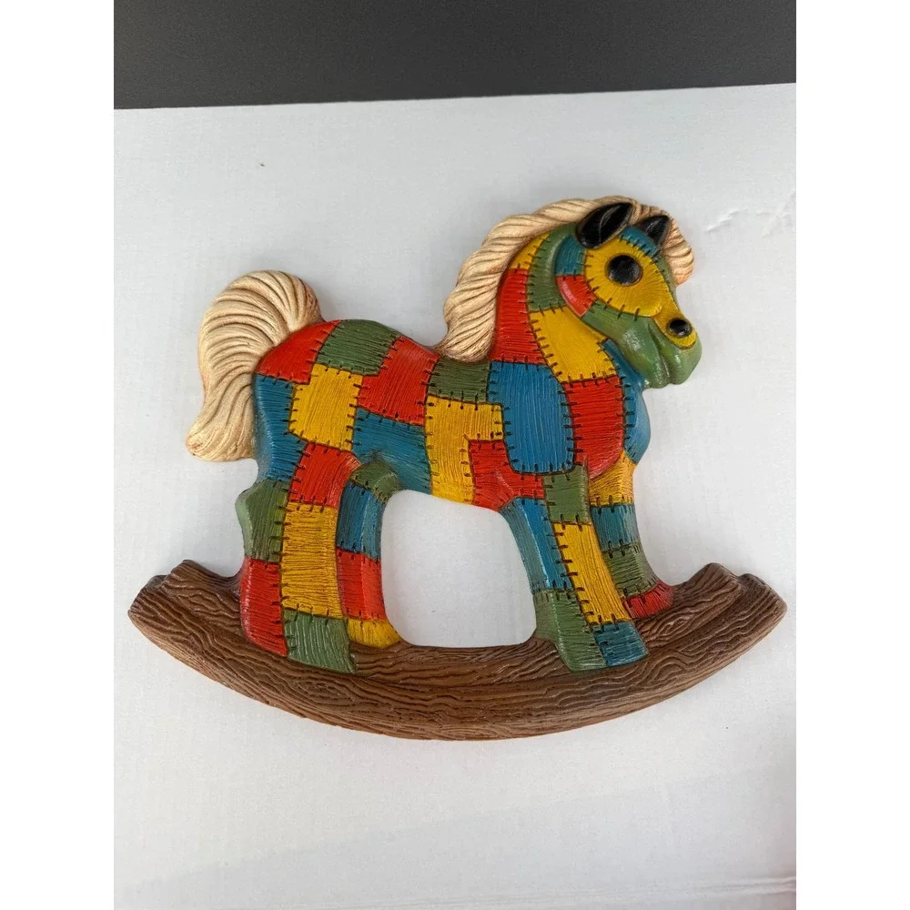 Vintage Patchwork Rocking Horse Wall Decor Plaque Colorful Nursery Art 12 Inch