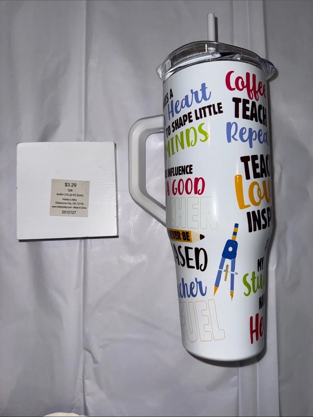 Hobby Lobby White Teacher-Themed Insulated Tumbler with Colorful Text