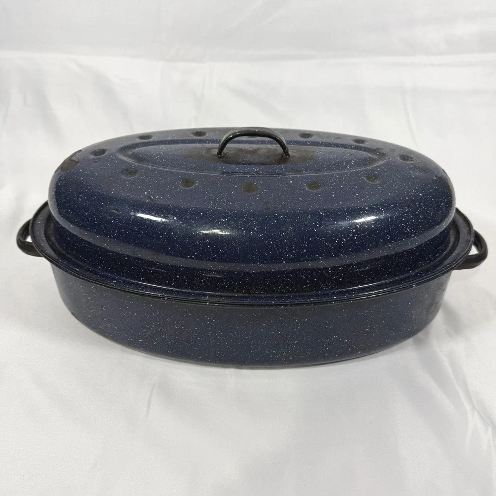 Vintage Enamelware Roaster Pan Large Blue White Speckled Oval Lidded Pot 15 Inch