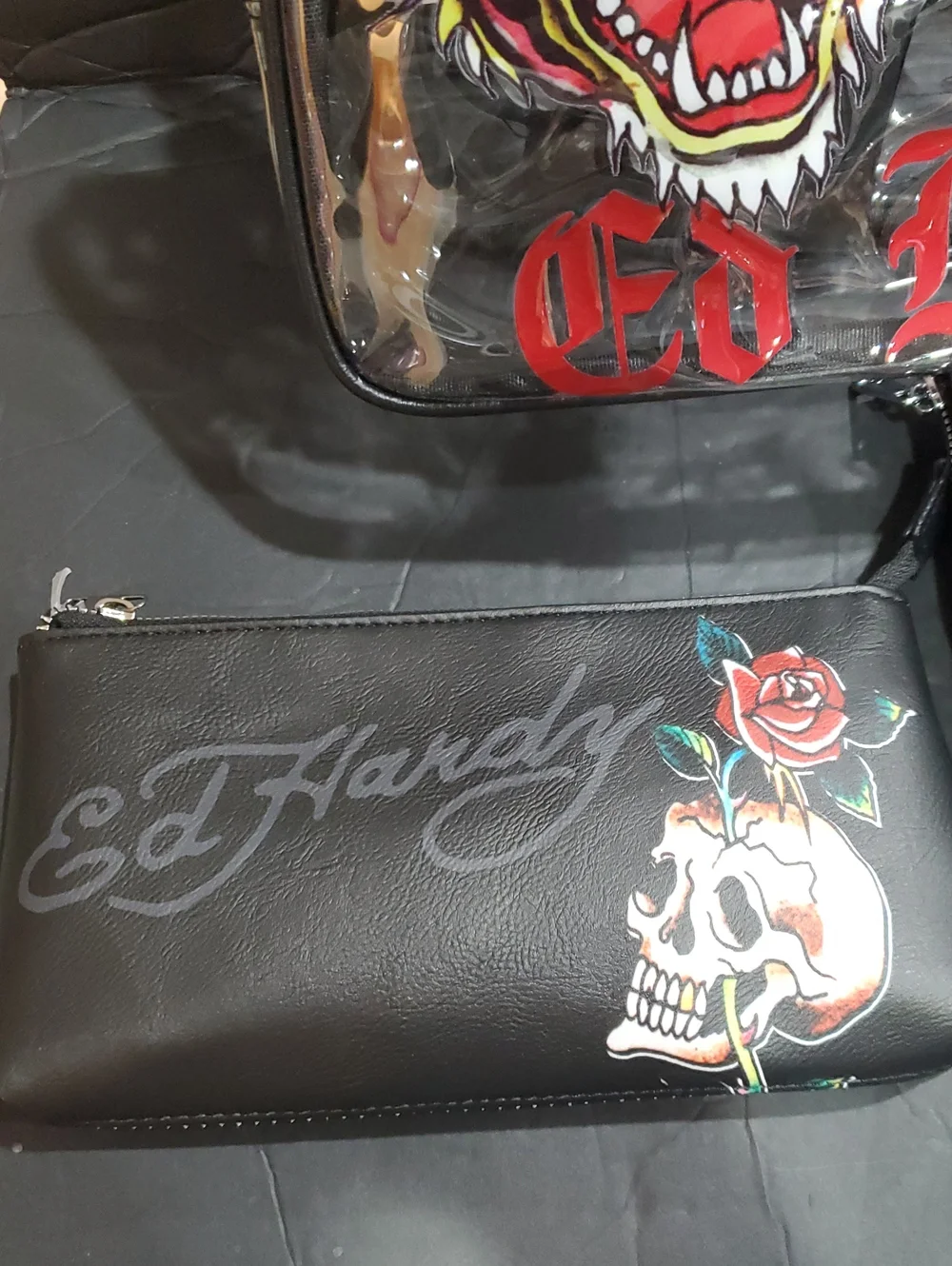 Ed Hardy 3piece clear vinyl makeup bag & 2 black cosmetics beauty pouch case