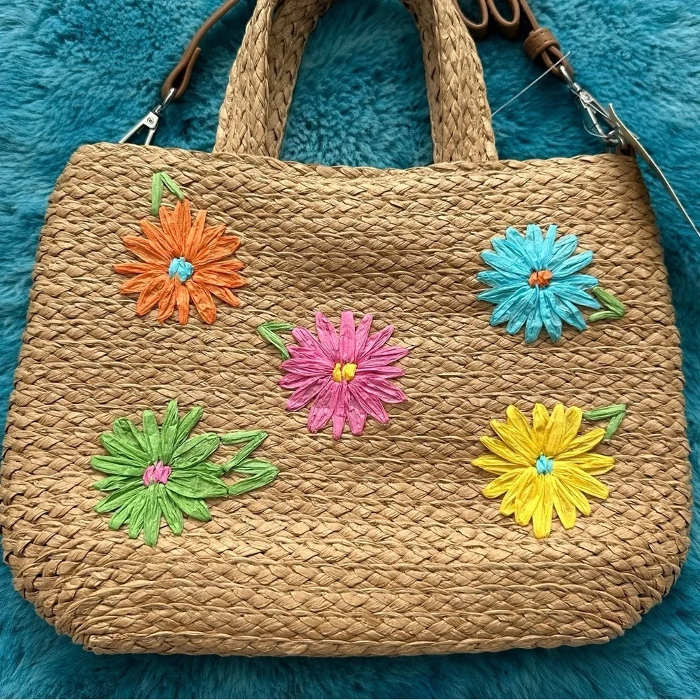 Vibrant Floral Embroidered Straw Tote