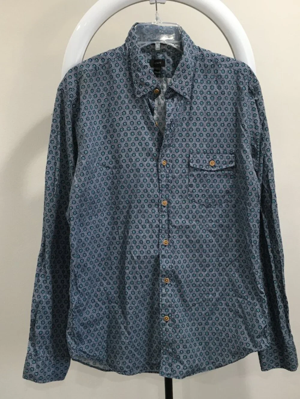J CREW Blue White Turquoise Print Long Sleeve Button Shirt
