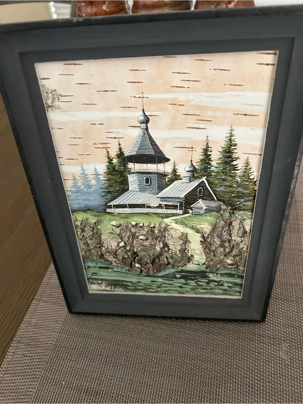 Ukrainian bark Scenic Church Framed Wall Art - Gray Frame with Green Accents