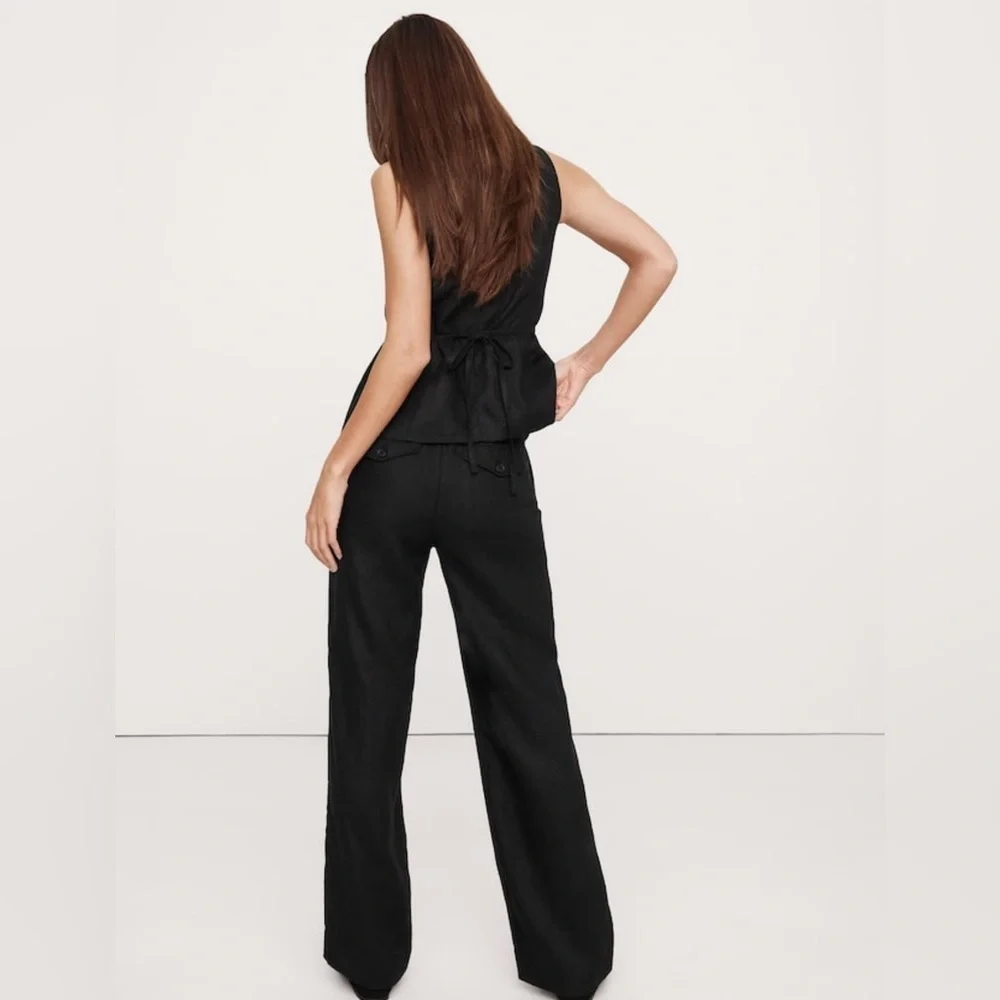NWT Banana Republic The Everyday Wide Leg Linen Black Pant Size Large