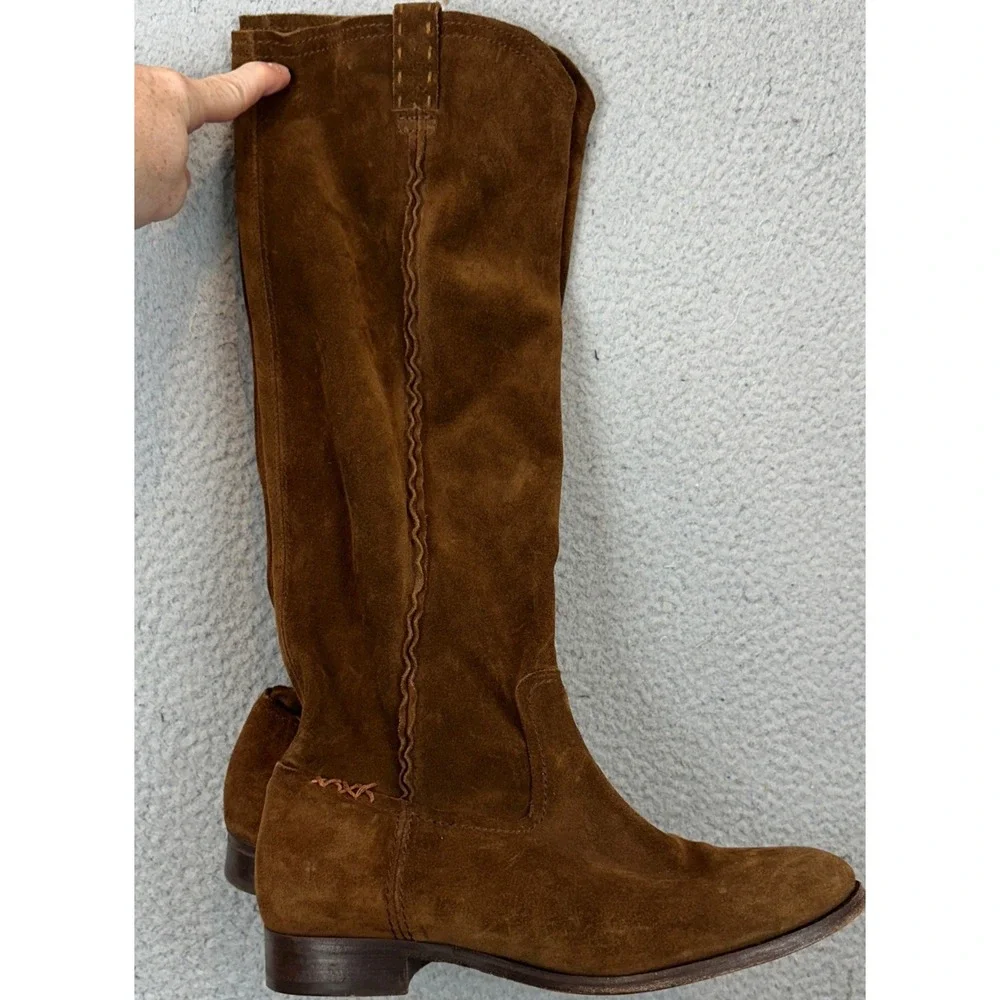 Frye Cara Tall Boots Womens 10 B Brown Suede Western Slouchy Whipstitch Slip On