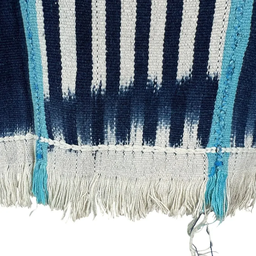 Indigo Blue Woven Textile Throw Wall Hanging Boho Geometric Fringe Artisan