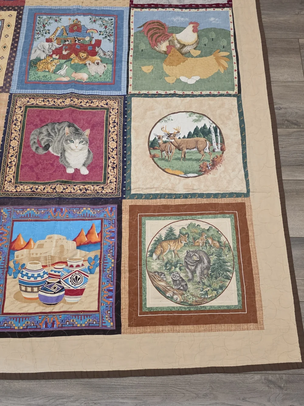 Vtg Handmade Wildlife Quilt Throw Rustic Cabin Lodge Decor, Deer Wolf Fox Animal