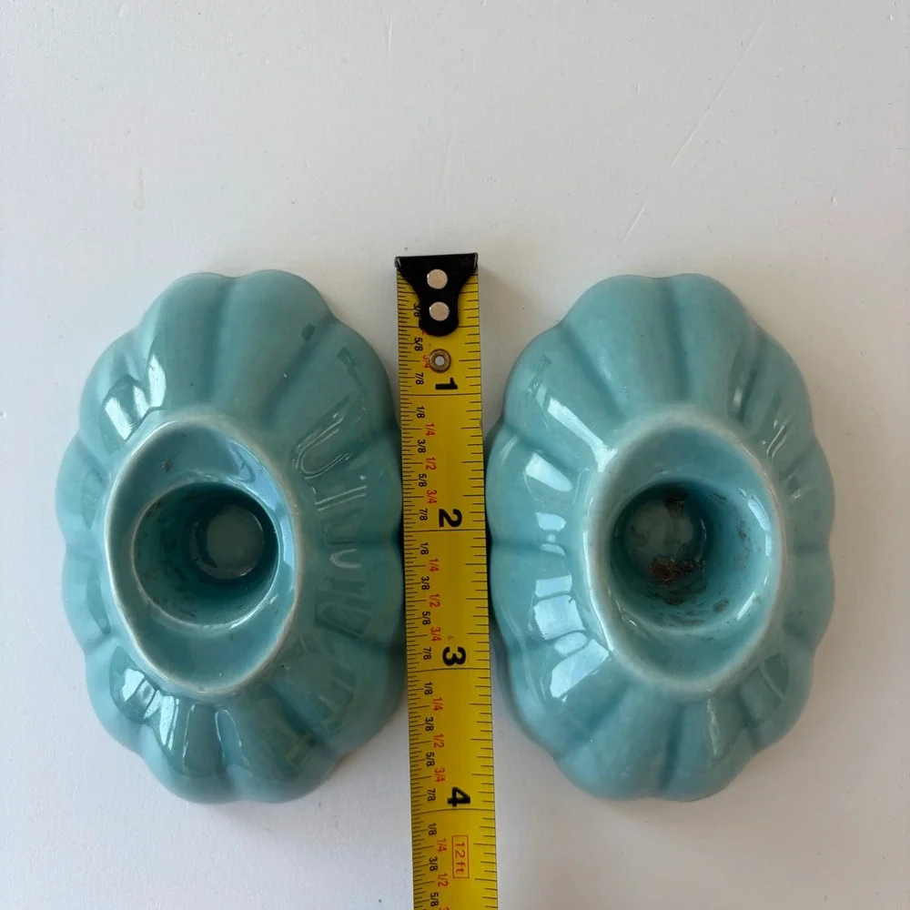 Vintage Kellems Pasadena Turquoise Blue Scalloped Ceramic Candle Holders Pair