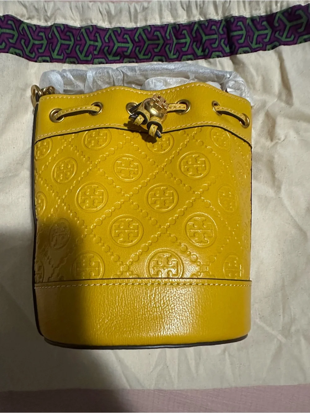 Tory Burch Yellow Patent Leather Mini Bucket Bag with Embossed Logo