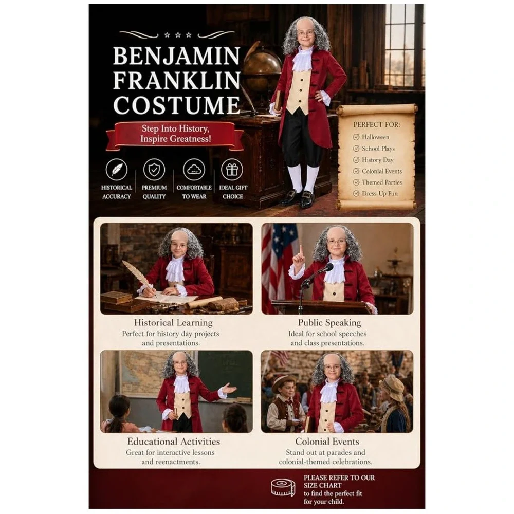 Kids Benjamin Franklin Costume Ages 12-14 Yeqrs Old MISSING 1 White Wrist Ruffle