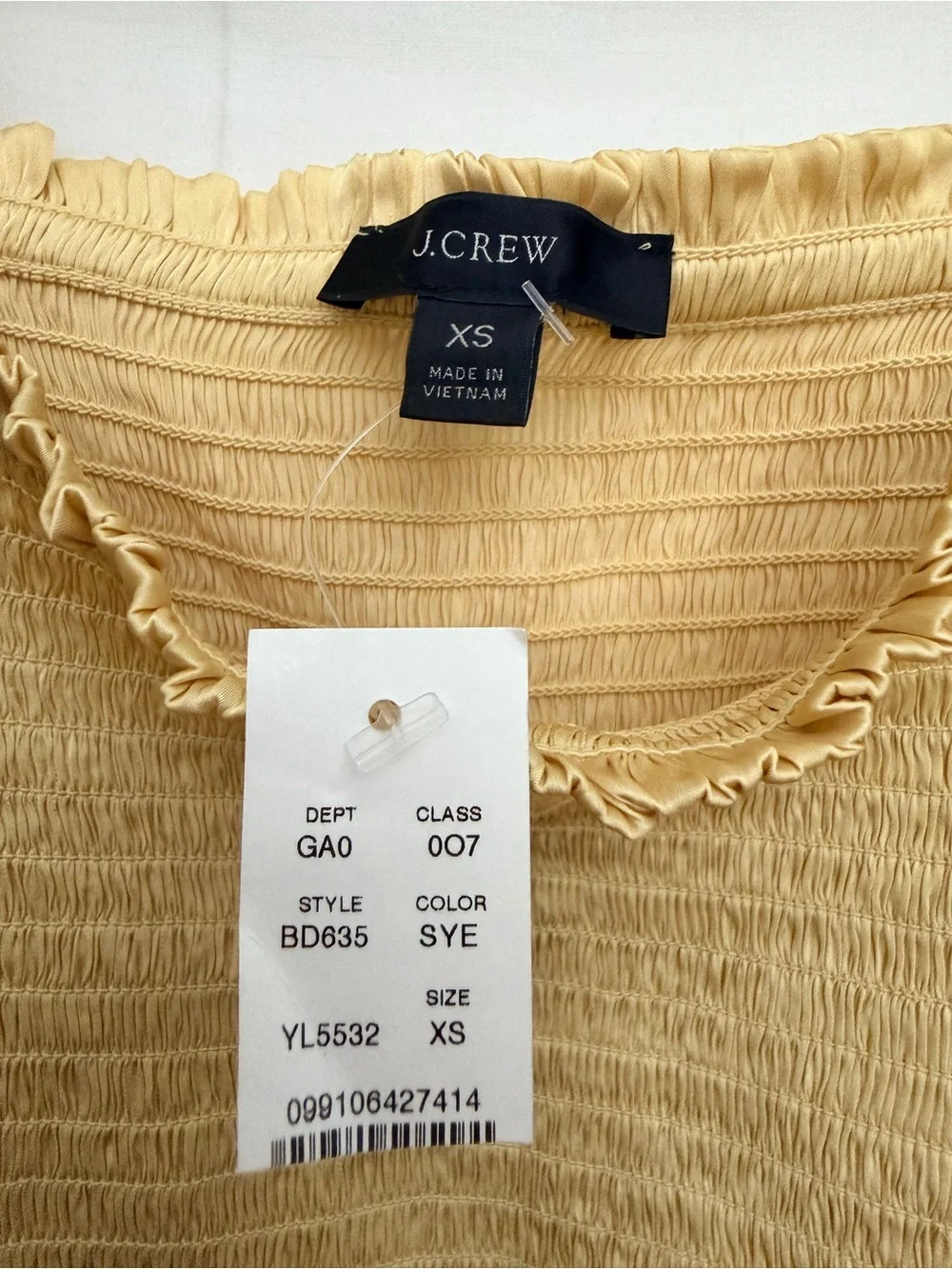 J Crew Smocked Featherweight Satin Cropped Top Size XS Soft Yellow BD635 NWT