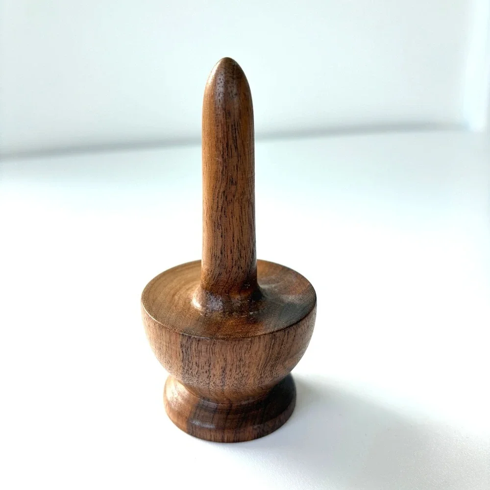 Vintage Hand Turned Wooden Ring Holder Stand Natural Grain Jewelry Display